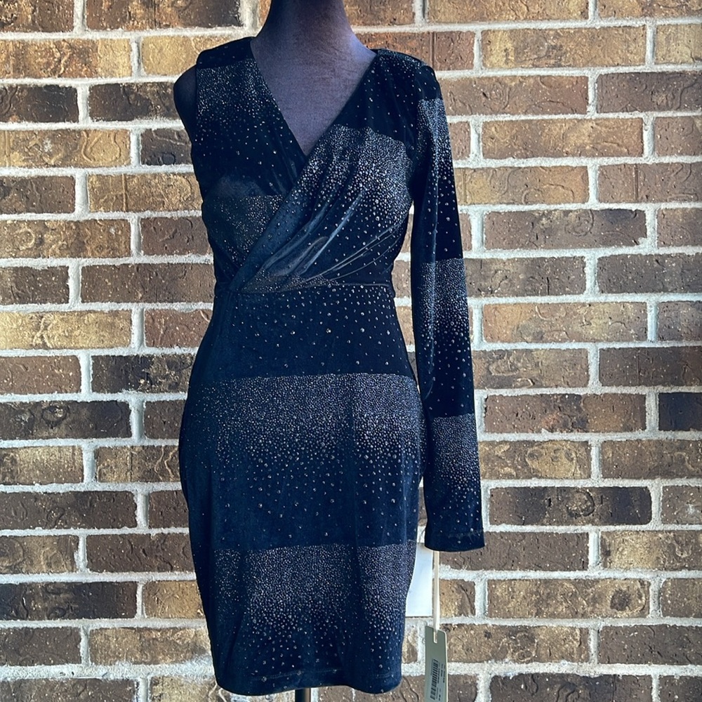 NEW GyGESS Black Velure One Sleeve Mini Dress